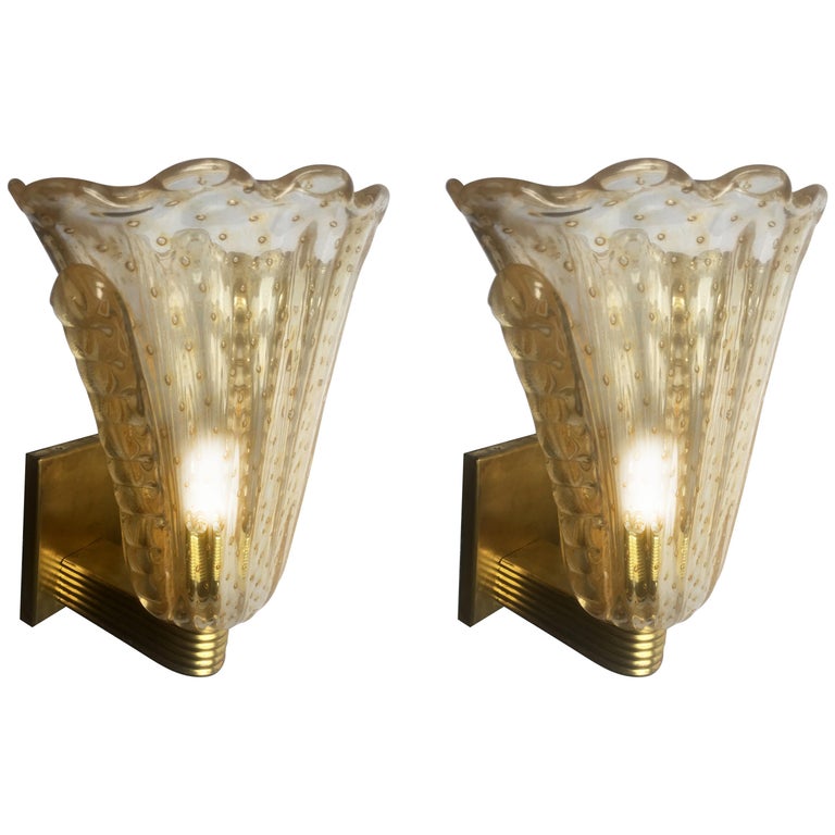 Fabulous Pair of Sconces 24-Karat Gold by Barovier and Toso, Murano, 1950s For Sale
