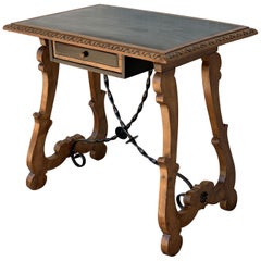 19th Spanish Side Table with Ebonized Top, One Drawer and Lyre Legs