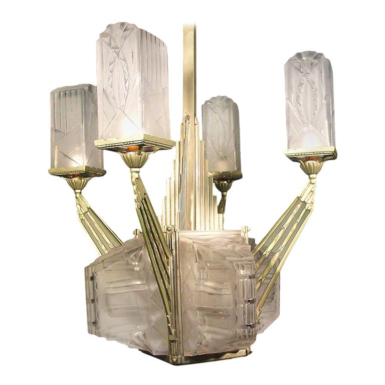 Stepped French Art Deco Four-Arm Chandelier, Signed Hugue in Glass Shade