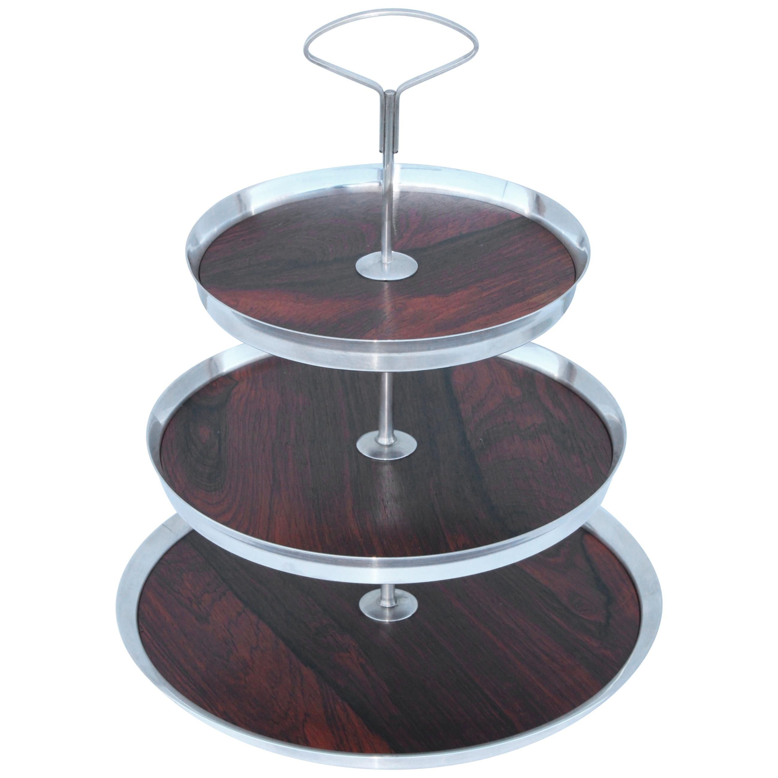 1950s Danish Silver Plate and Rosewood Three-Tier Cake Stand