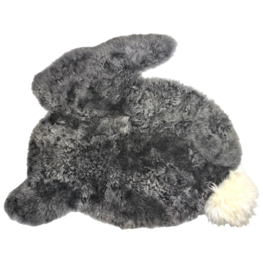 Bunny Rabbit Nursery Rug Grey Sheepskin with Long Wool Pompom Tail For Sale