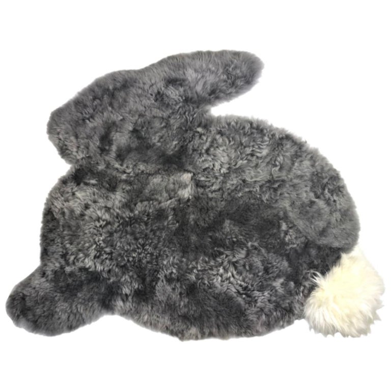 Bunny Rabbit Nursery Rug Grey Sheepskin with Long Wool Pompom Tail For