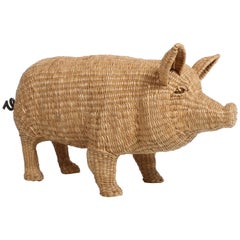 Vintage Mario Lopez Torres Large Wicker Pig Sculpture Signed