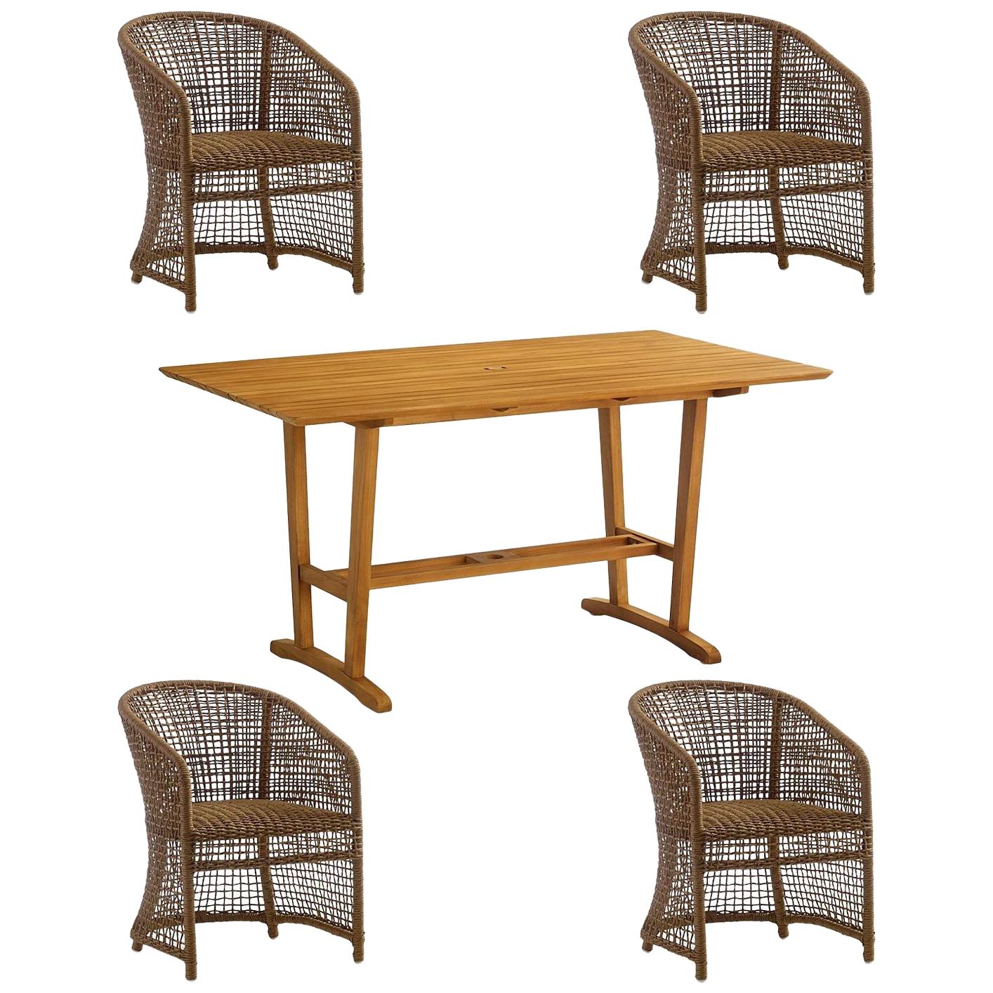 5-Piece Outdoor Dining Set in Woven Naturally Finished Wicker and Teak Wood