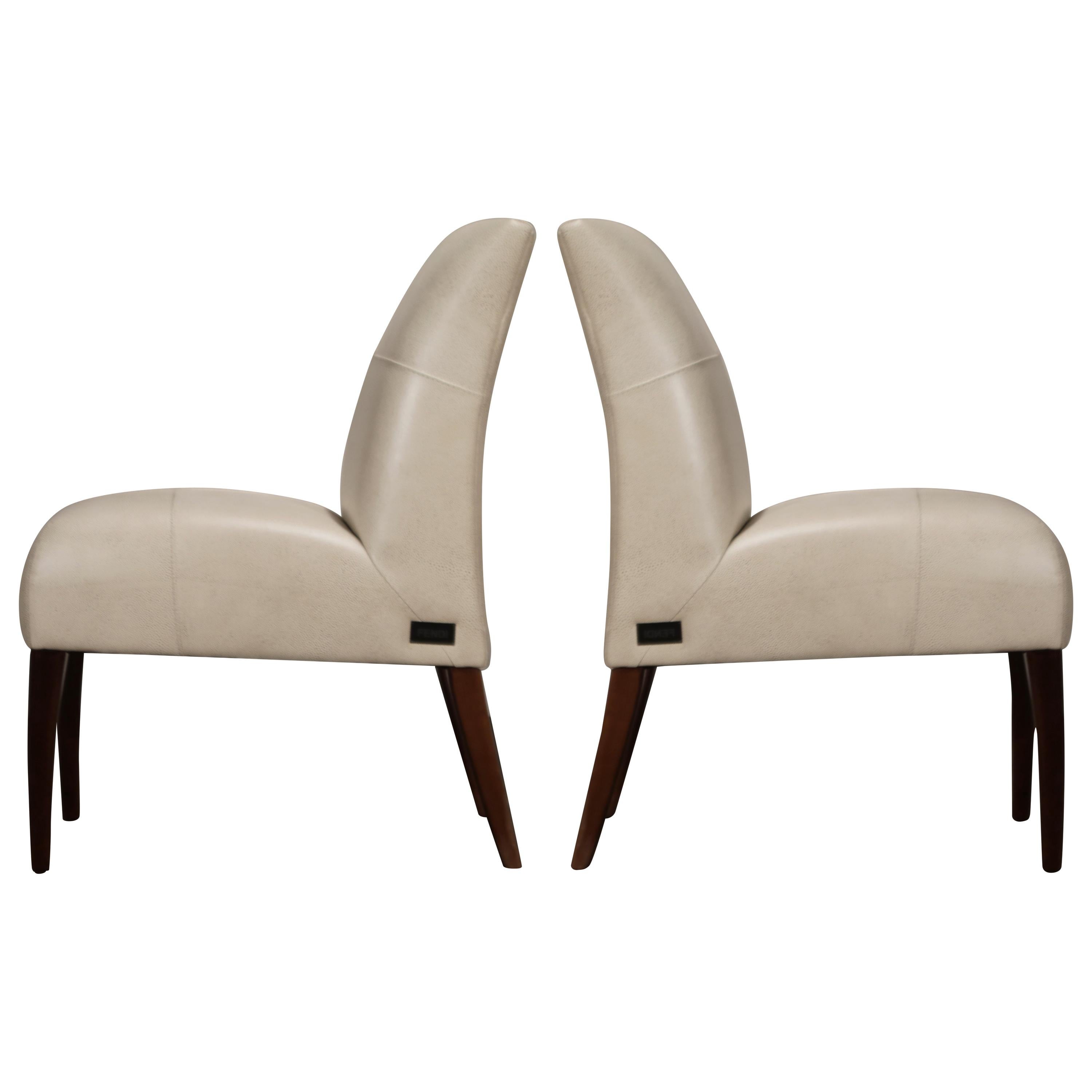 White and Gold Speck Shagreen Leather Side Chairs by Fendi Casa