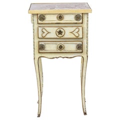 Antique Yellow Lacquered Bedside Table with Drawers and Gilt Bronze, Louis XV Period