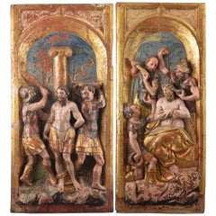 Pair of Reliefs, Polychromed and Giltwood, Castilian School, Spain, 16th Century