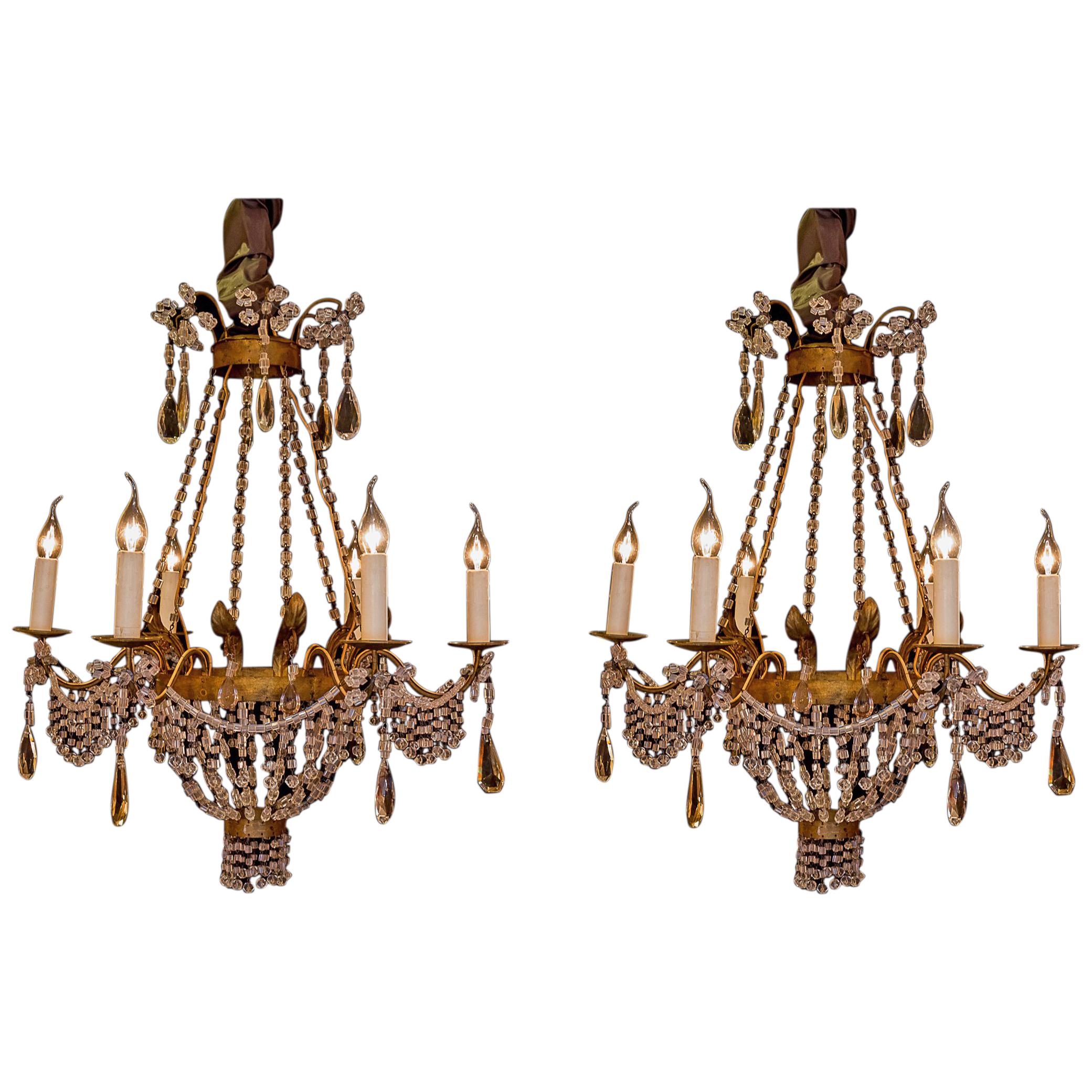 Pair of Small Chandeliers, Brass and Handcut Crystal, 19th Century