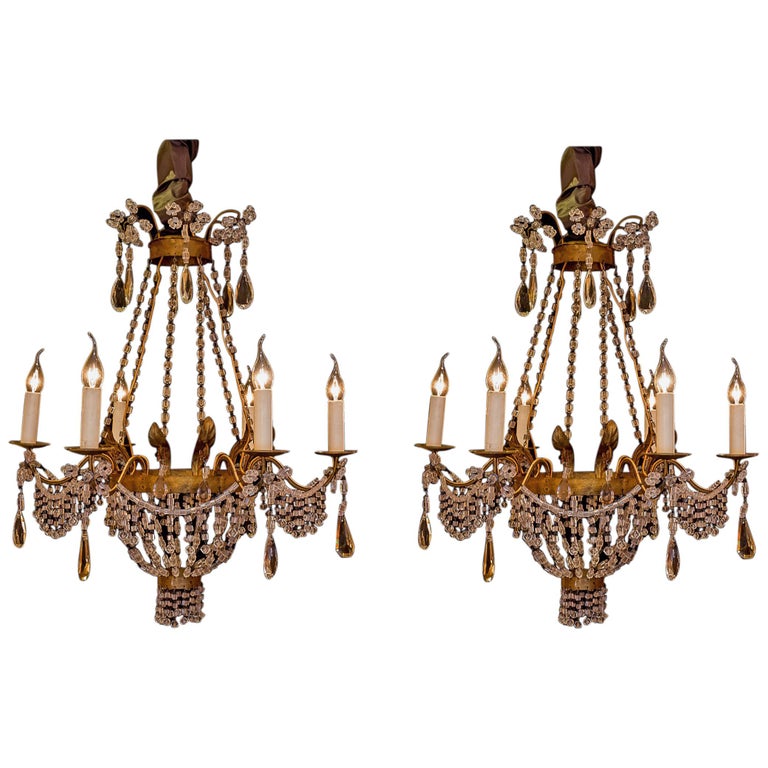 Pair of Small Chandeliers, Brass and Handcut Crystal, 19th Century at