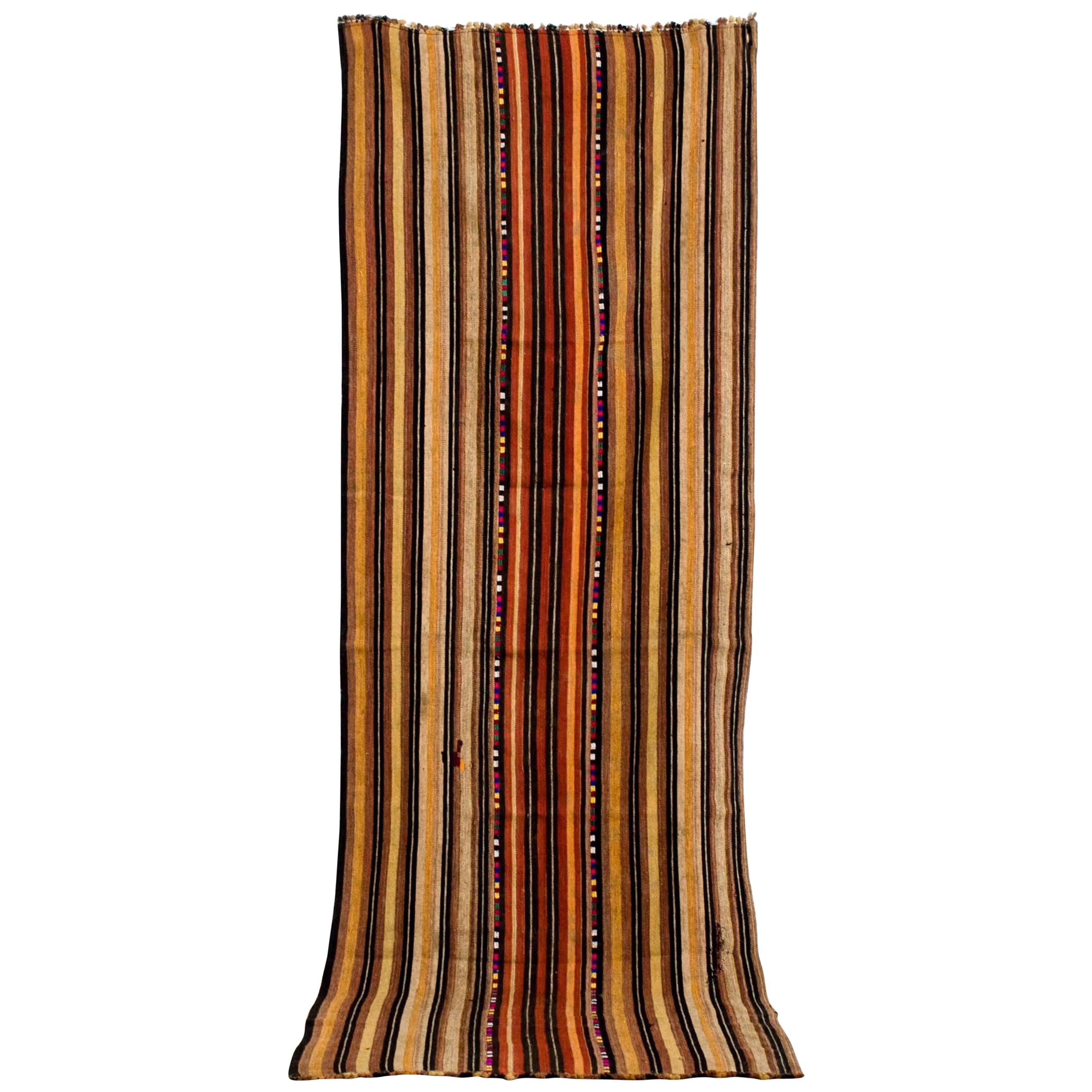 Vintage Moroccan Handwoven Brown Striped Kilim Rug Floor Runner For Sale