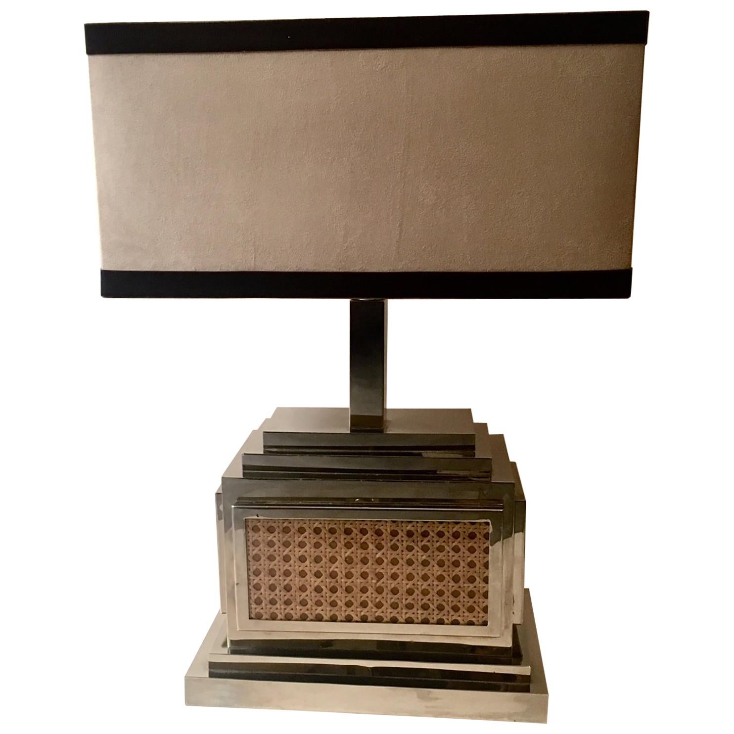 1970 Italy Chromed and Rattan Table Lamp For Sale