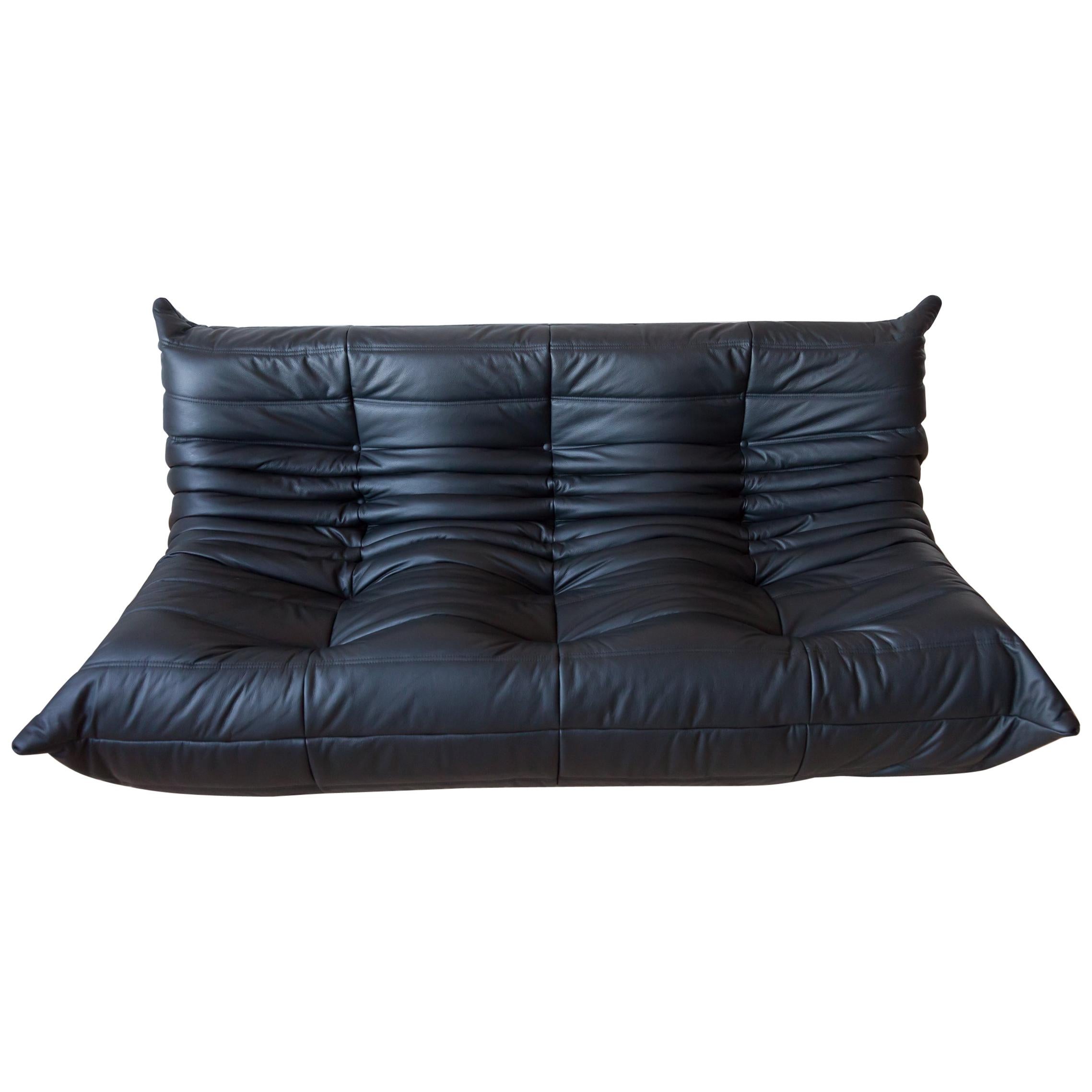 Togo 3-Seat Sofa in Black Leather by Michel Ducaroy for Ligne Roset For Sale