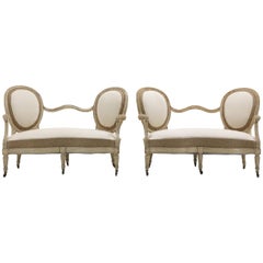 Pair of French 19th Century Painted Sofas Burlap and Cream Calico Fabric