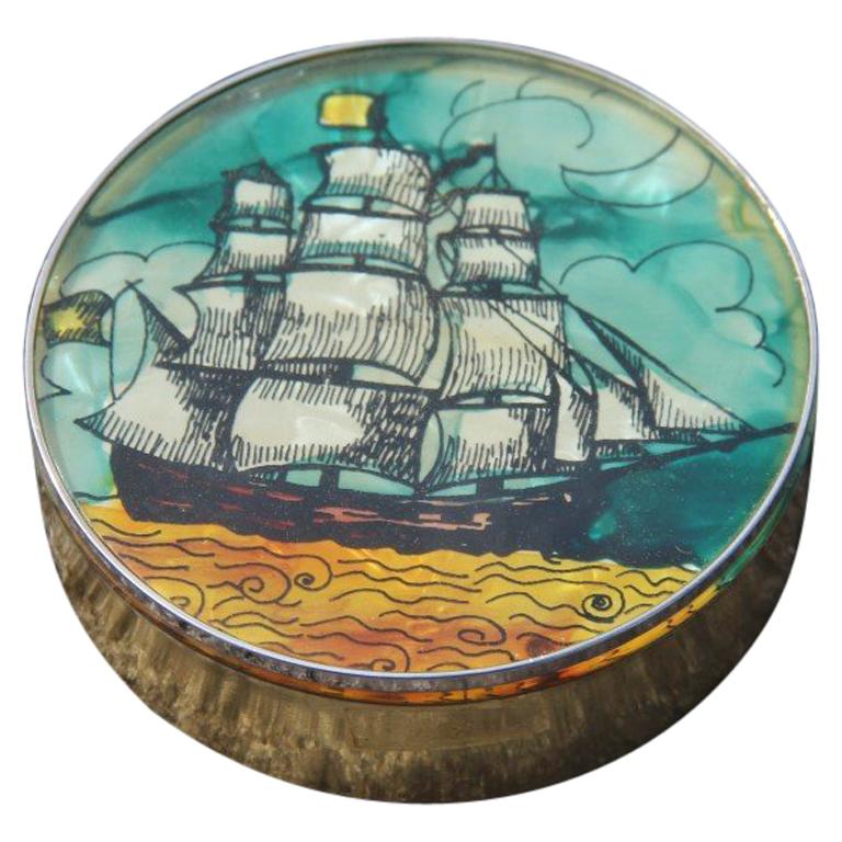 Brass Tobacco Box with Gold Green Black Sailing Ship Decoration Jack Frost
