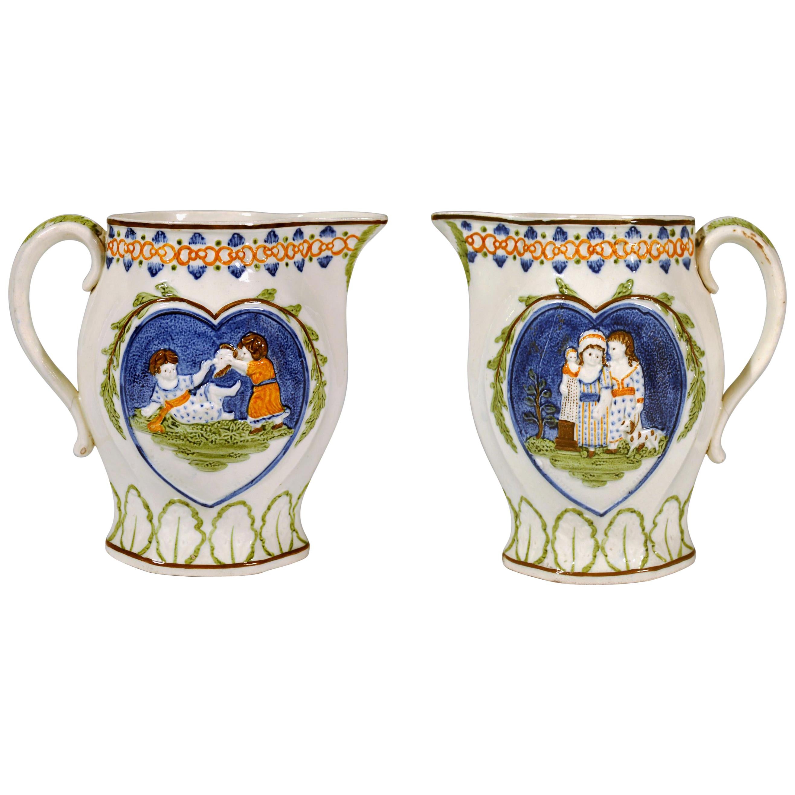 Prattware Pearlware Jug with Children with Heart-Shaped Panels, 1810-1820