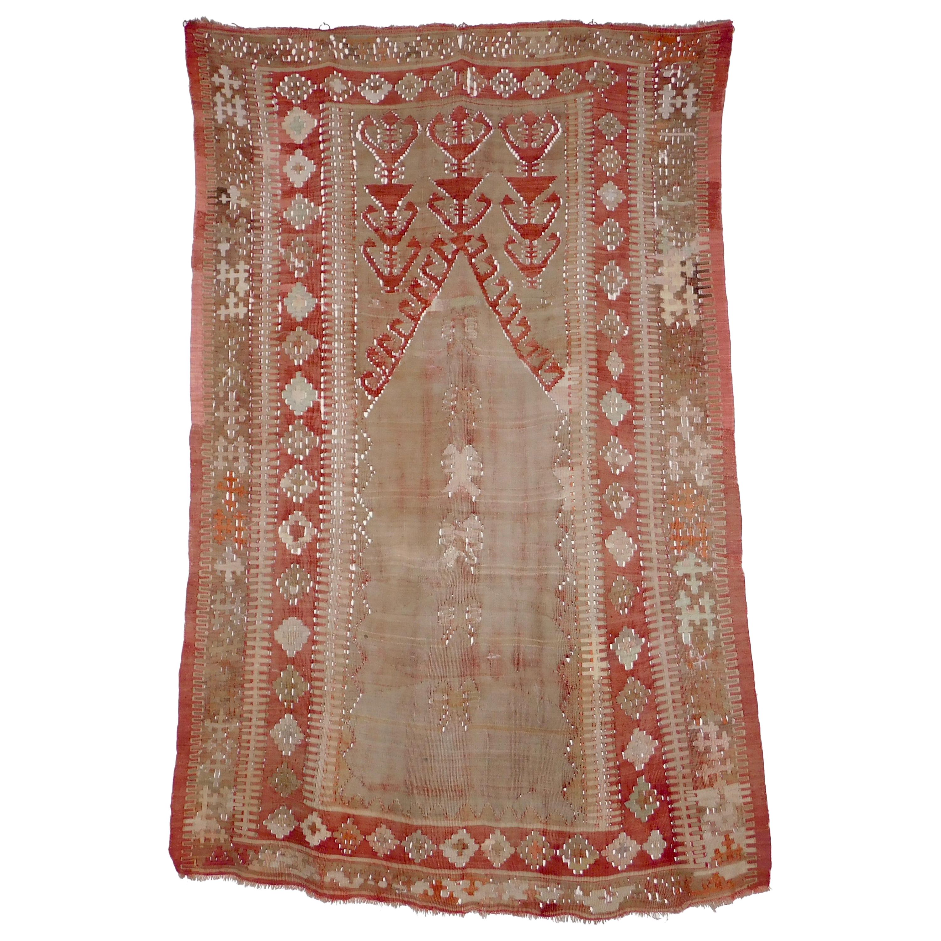 Antique Central Anatolian Kilim Prayer Rug in Soft Muted Colors For Sale