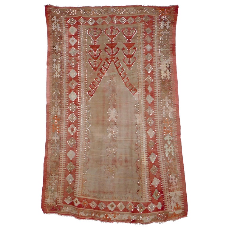 Antique Central Anatolian Kilim Prayer Rug in Soft Muted Colors For
