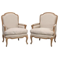 French Style Louis XV Bergère Chair Made of White Oak and Upholstered in Linen