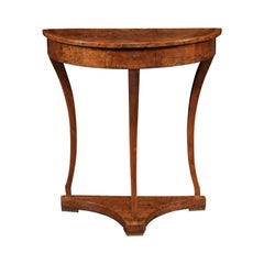 French Burl Wood Demilune Console Table circa 1900 with Saber Legs