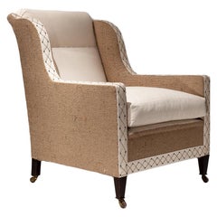 19th Century English Mahogany Armchair in Natural Burlap and Calico Fabric