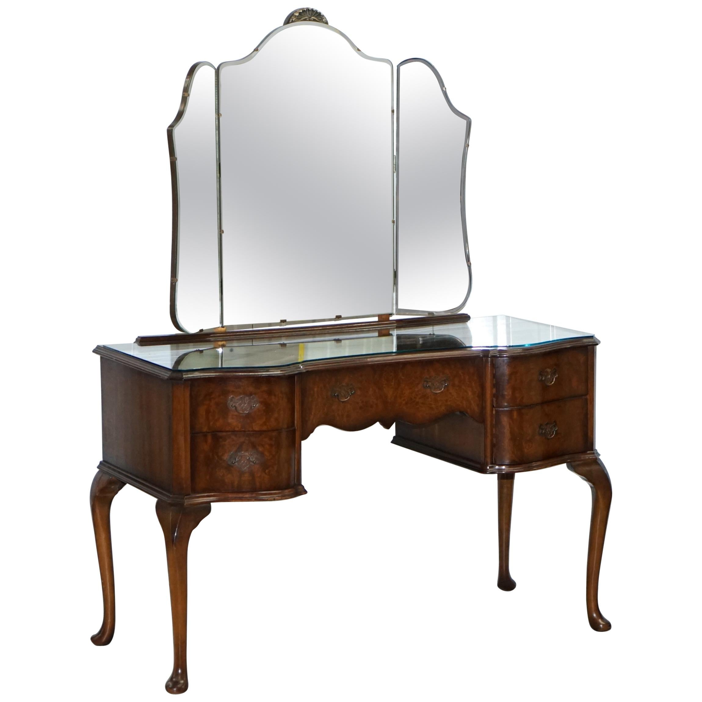 Vintage circa 1930s Burr Quarter Cut Walnut Dressing Table Tri Fold Mirrors