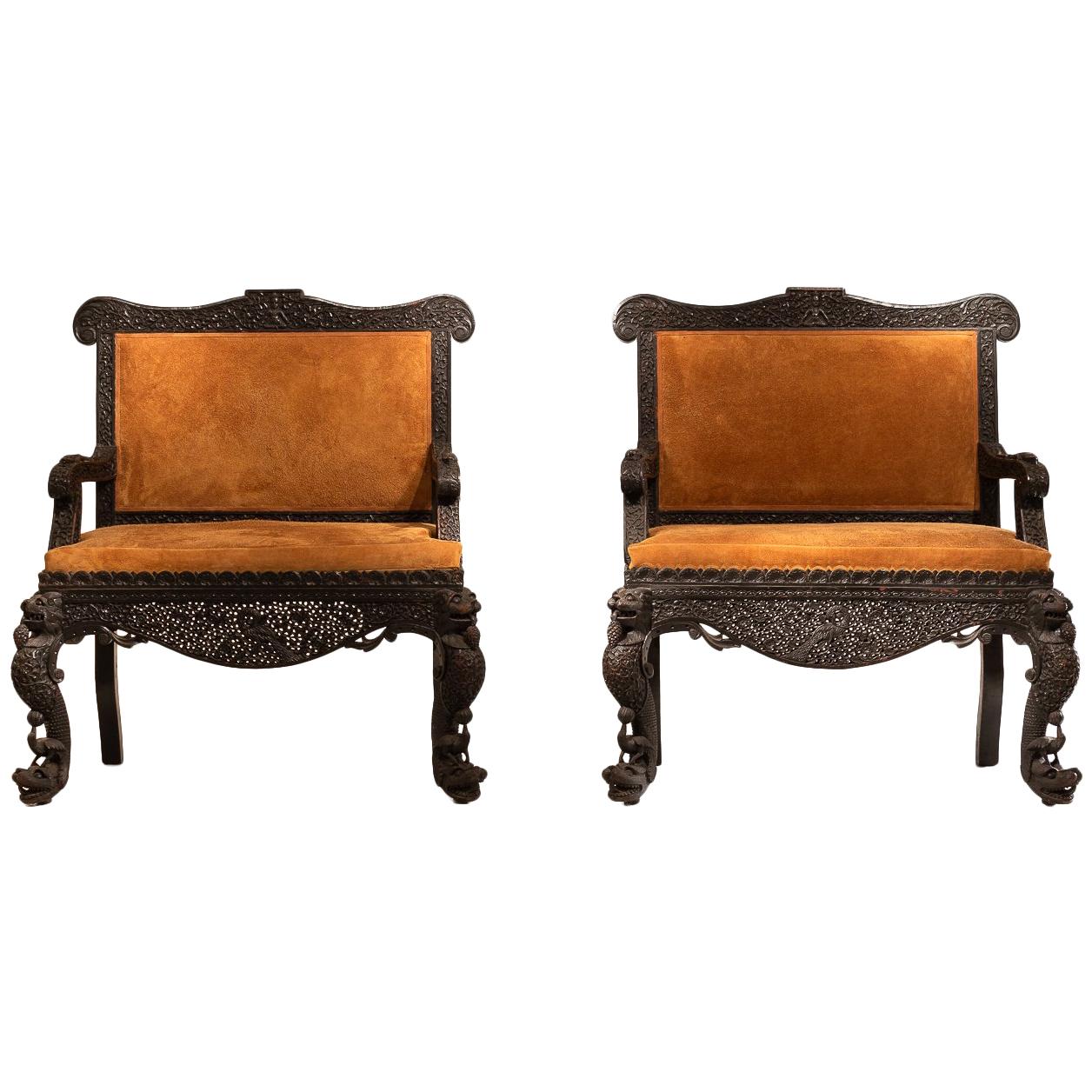 19th Century Carved Hardwood Pair of Anglo Indian Sofas in Suede For Sale