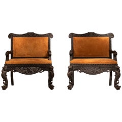 Antique 19th Century Carved Hardwood Pair of Anglo Indian Sofas in Suede