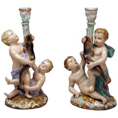 Meissen Pair of Candlesticks Cherubs Dolphins Kaendler Models 1145 1146