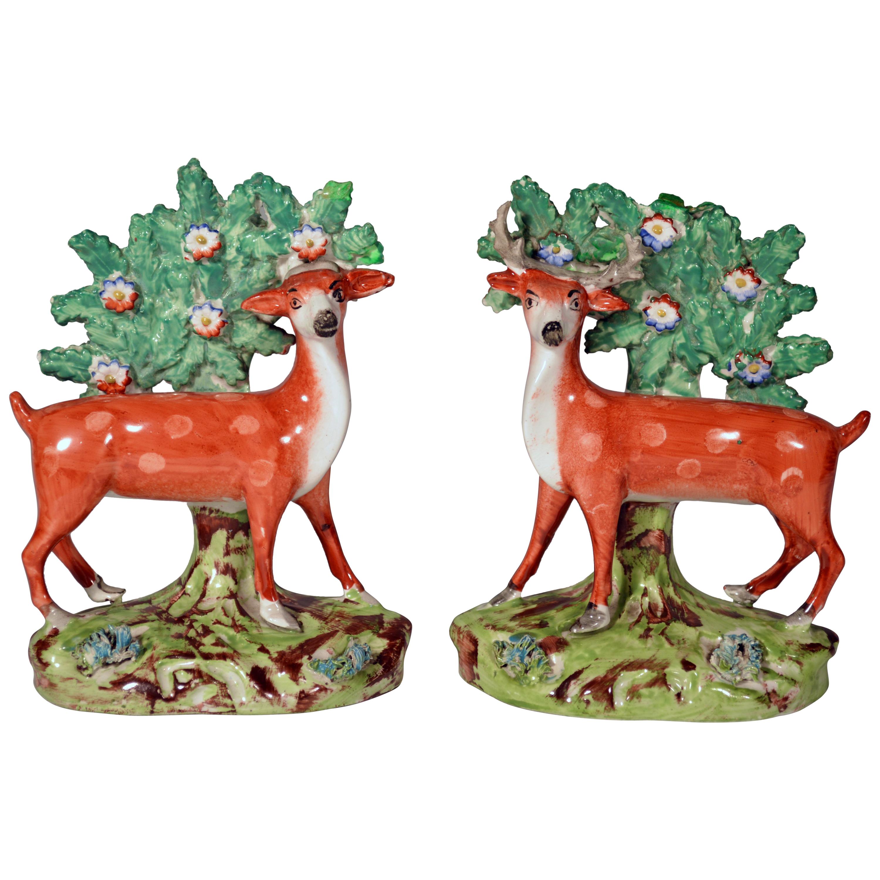 Early Staffordshire Pearlware Pair of Deer Bocage Figures, circa 1825