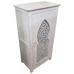 Hand Painted and Hand Carved Moroccan Cabinet, White-Washed