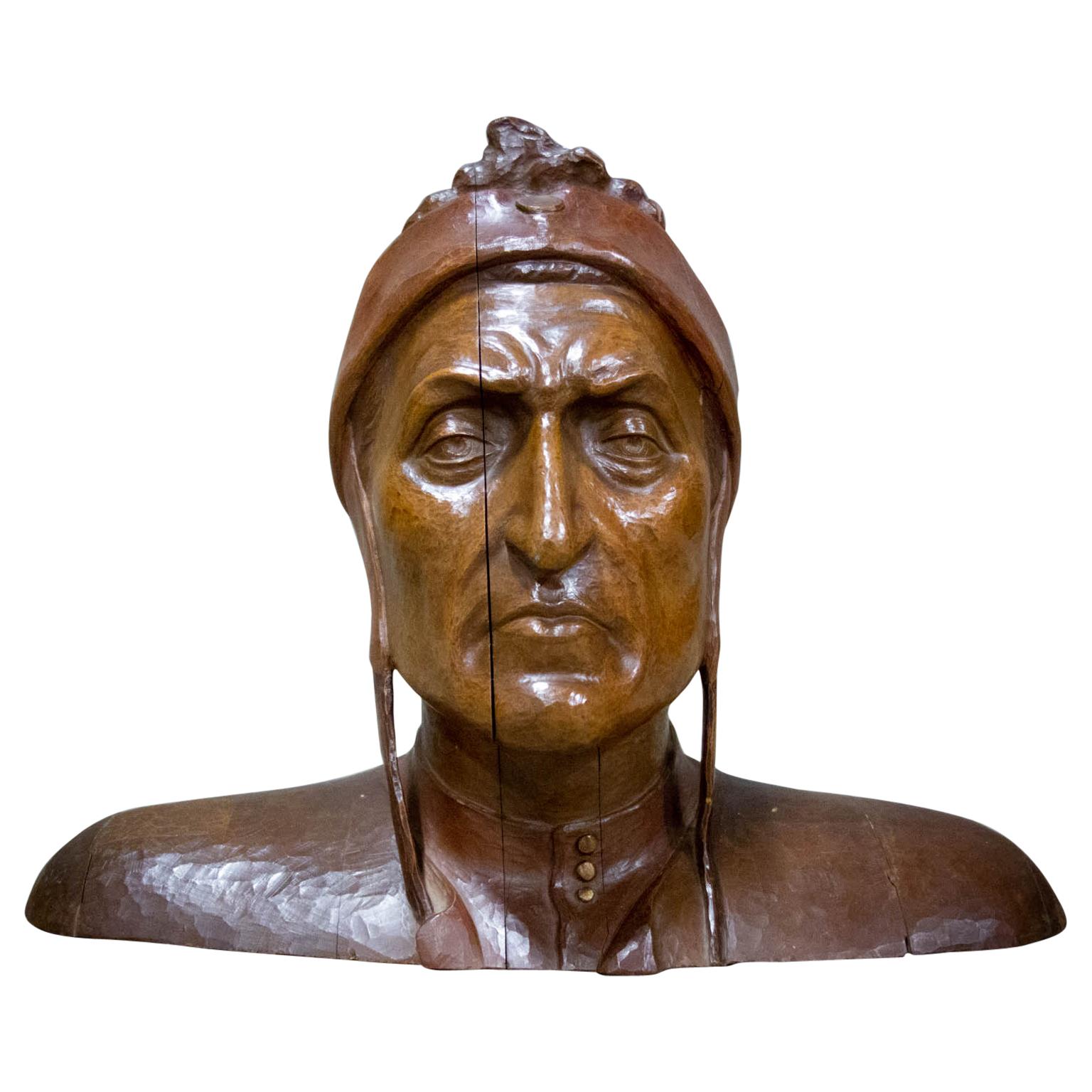 Wooden Head Statue of Danté Alighieri, Hand Made Arts & Crafts, Germany, 1880