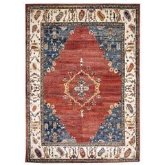 Red, Navy and Ivory Contemporary Handmade Wool Turkish Oushak Rug