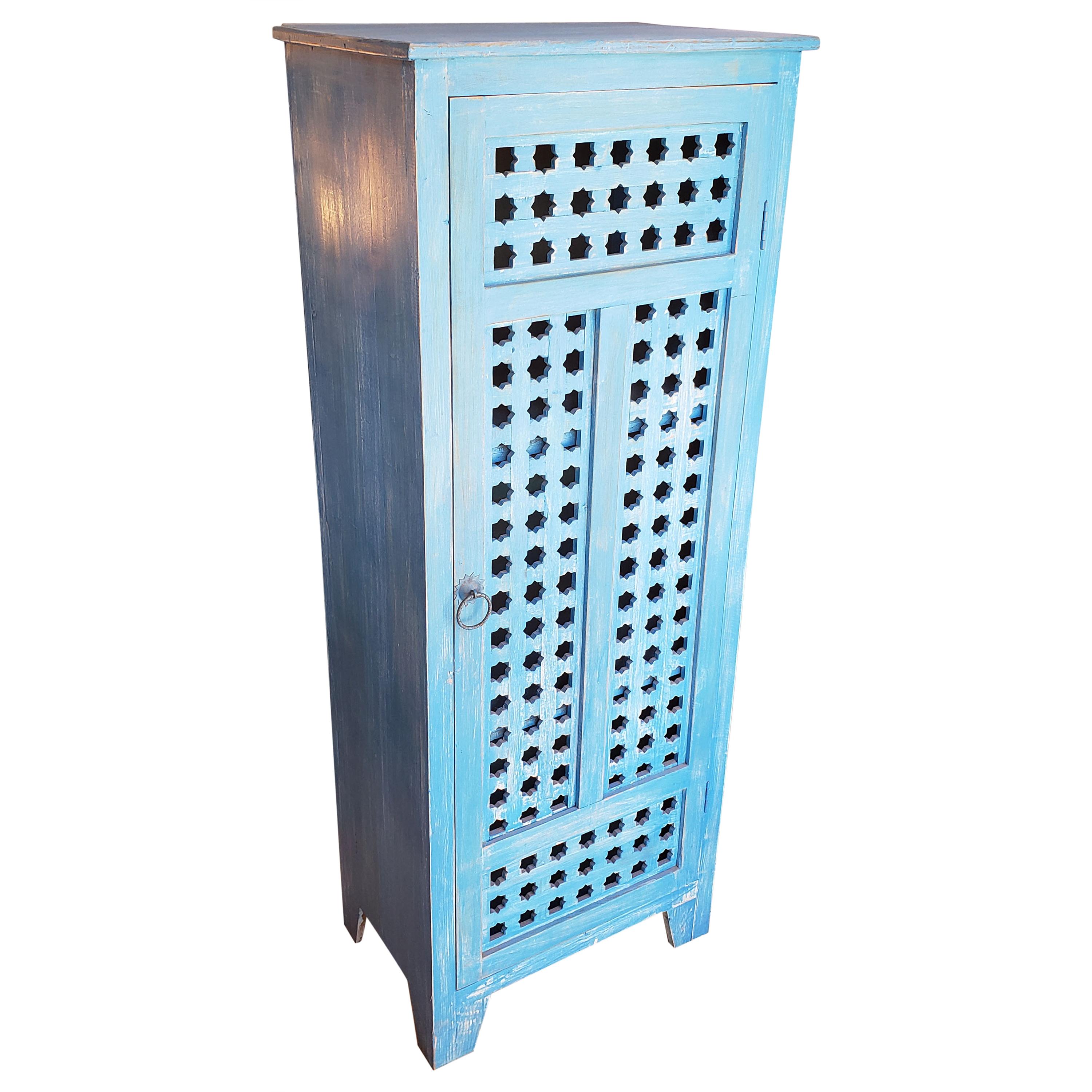 Moroccan Carved Storage Cabinet, Old Blue Window Shutter For Sale