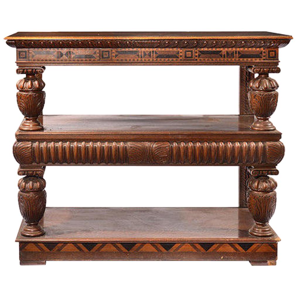 19th Century Oak Jacobean Style Three Tier Rosewood & Satinwood Inlaid Buffet For Sale