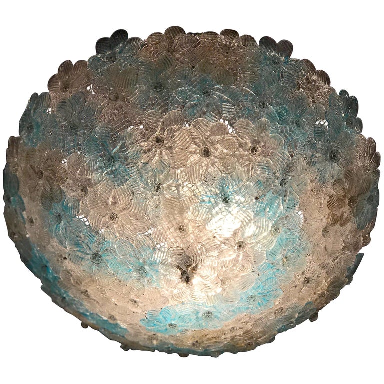 Blue and Ice Murano Glass Ceiling Floral Basket by Barovier & Toso, 1970s For Sale