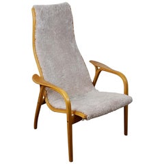 Vintage Oak and Grey Sheepskin Lamino Chair by Yngve Ekstrom for Swedese