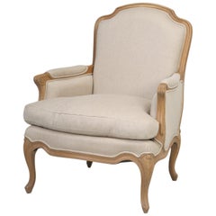 French Style Louis XV Bergère Chair Made from White Oak with Linen Fabric