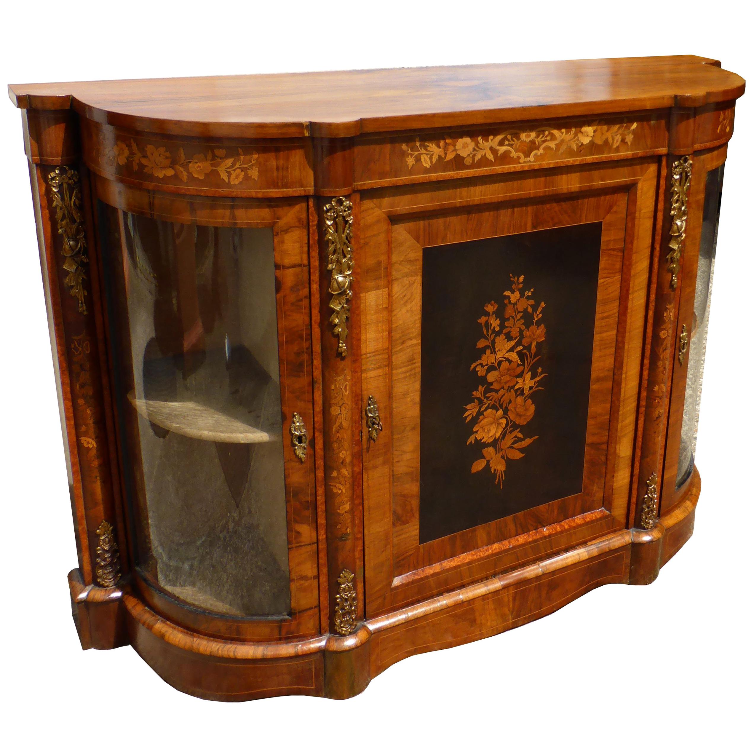 19th Century English Victorian Figured Walnut and Marquetry Credenza For Sale