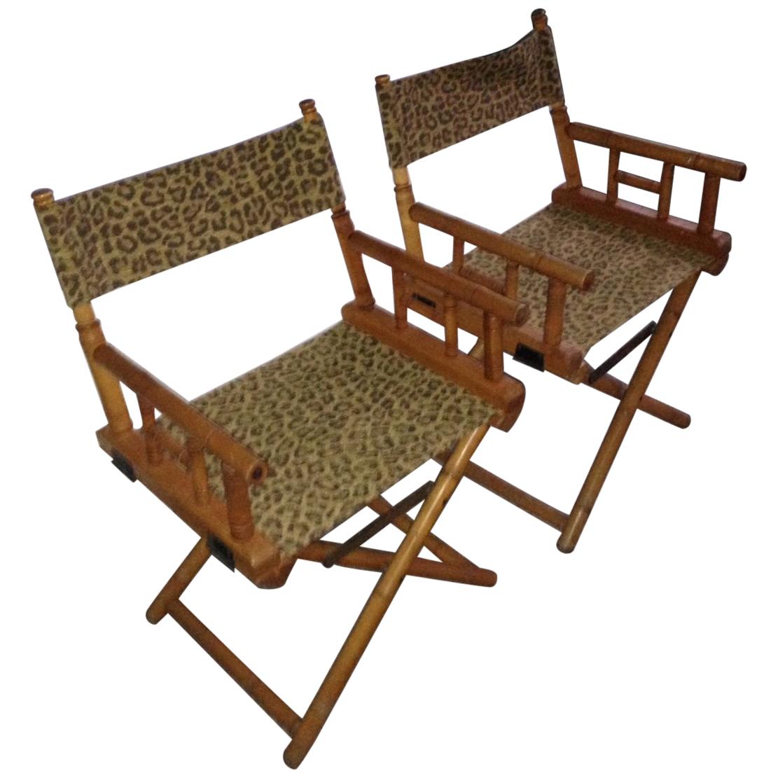 Directors Chairs from Telescope Chair, Leopard Print Fabric, Midcentury, Pair For Sale