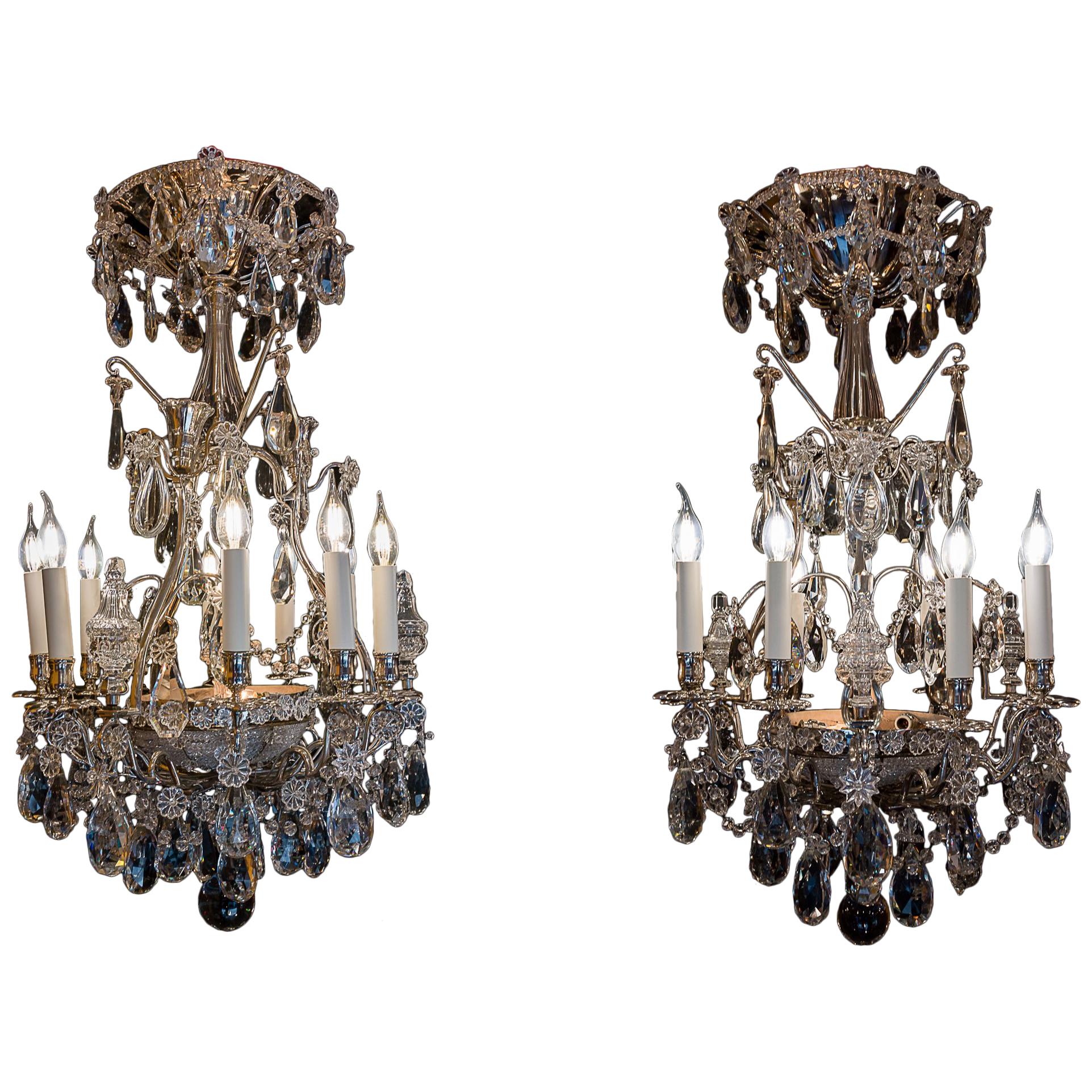 French Pair of Chandeliers by Baguès and Baccarat, Silver-Plate and Cut Crystal For Sale