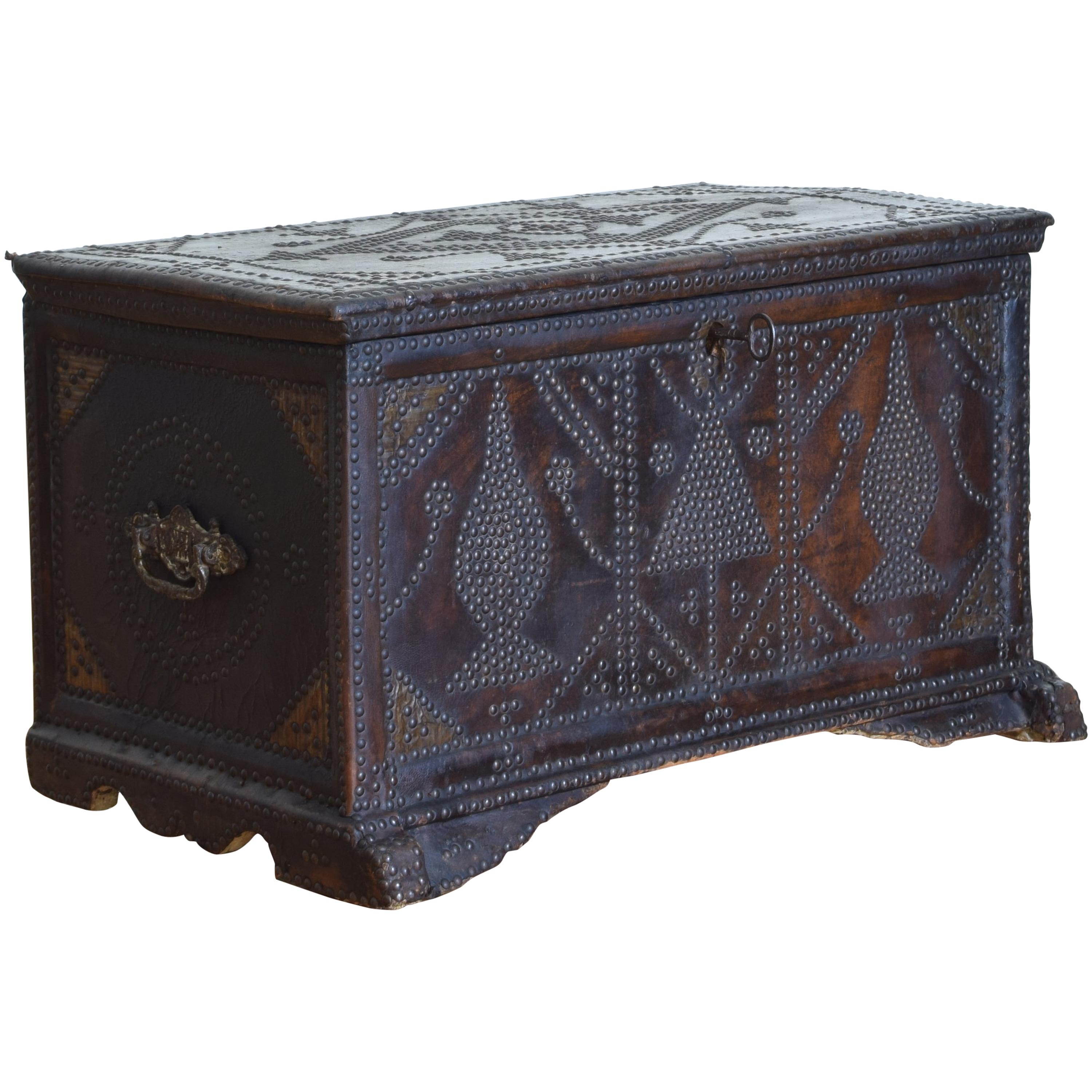 Spanish Baroque Style Leather Covered Trunk with Nailhead Decoration