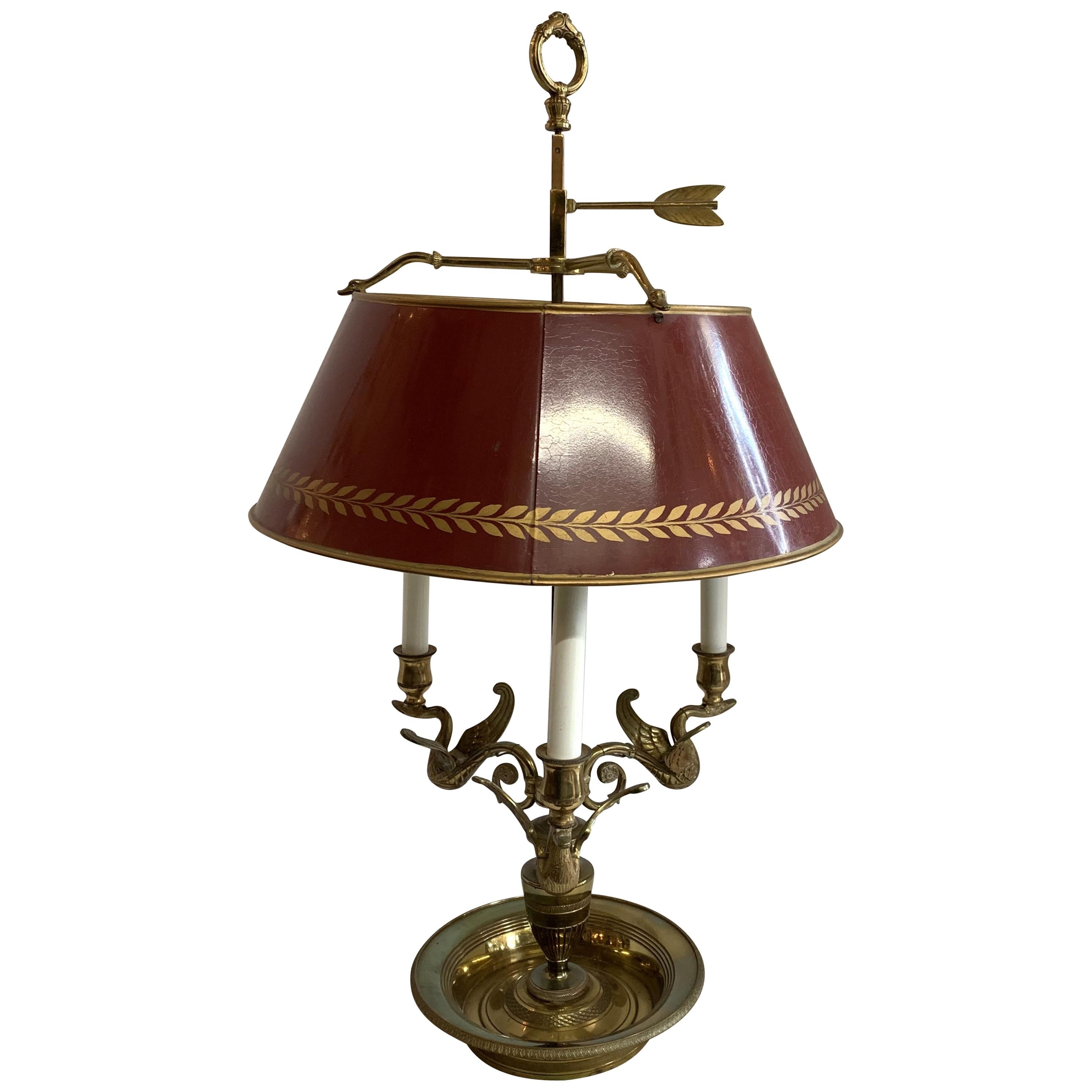 Bouillotte-Lampe, 3 Lichter, Vintage, französische Bronze, Schwan, roter Zinnschirm