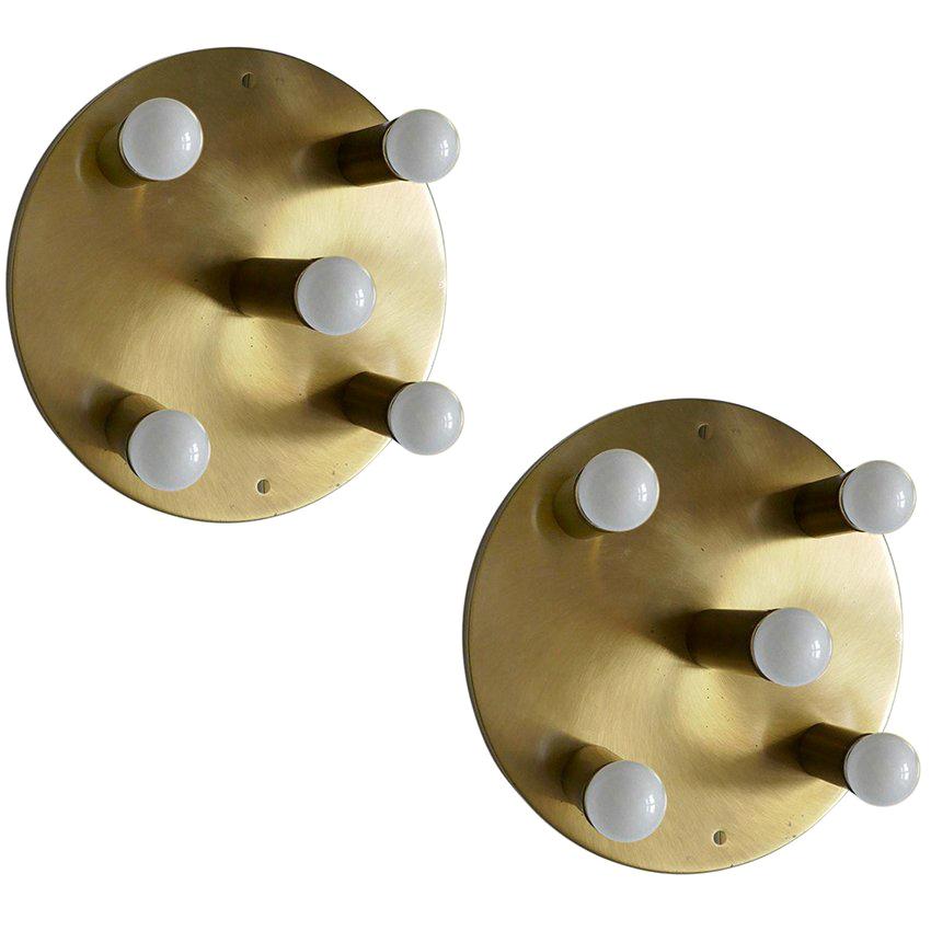 Pair of German Vintage Solid Brass Wall or Ceiling Lights Flush Mounts, 1960s