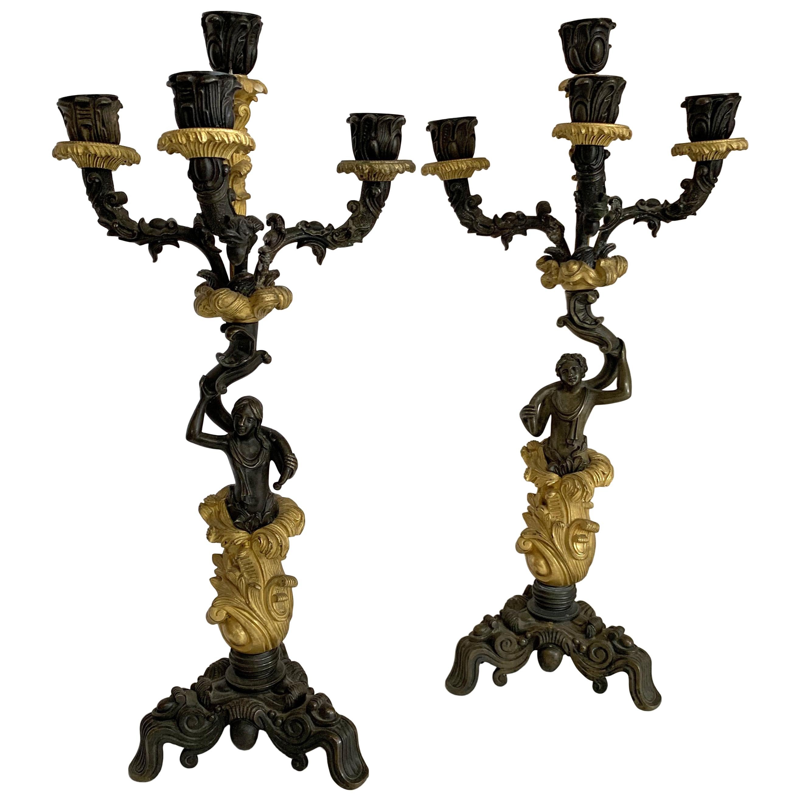 Wonderful Pair of French Empire Bronze Two-Tone Patinated Figural Candelabras