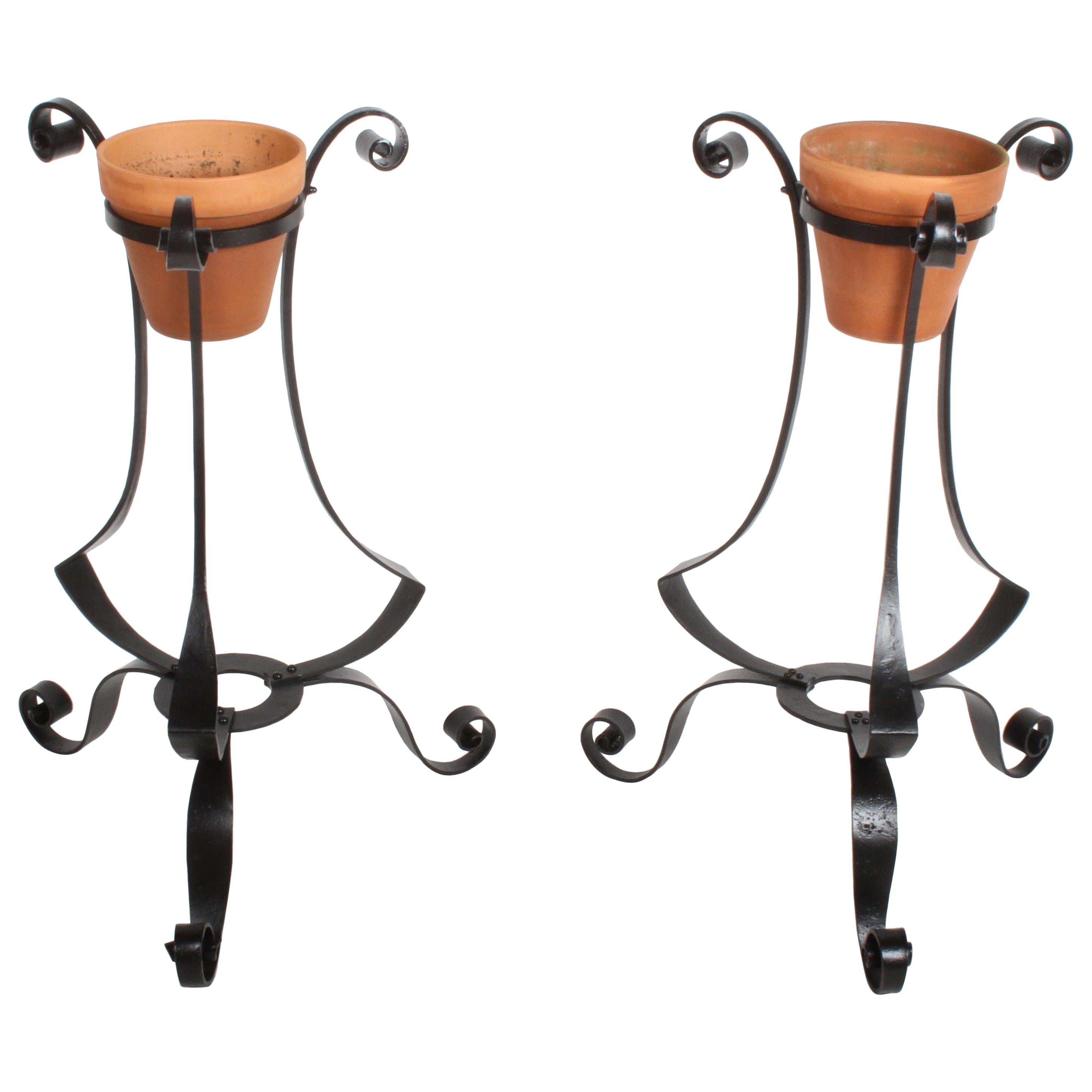 Pair of Arts & Crafts Wrought Iron Planters, Restored For Sale
