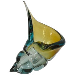 Vintage Murano Glass Conch Shell Bowl in Aqua and Amber by Alfredo Barbini