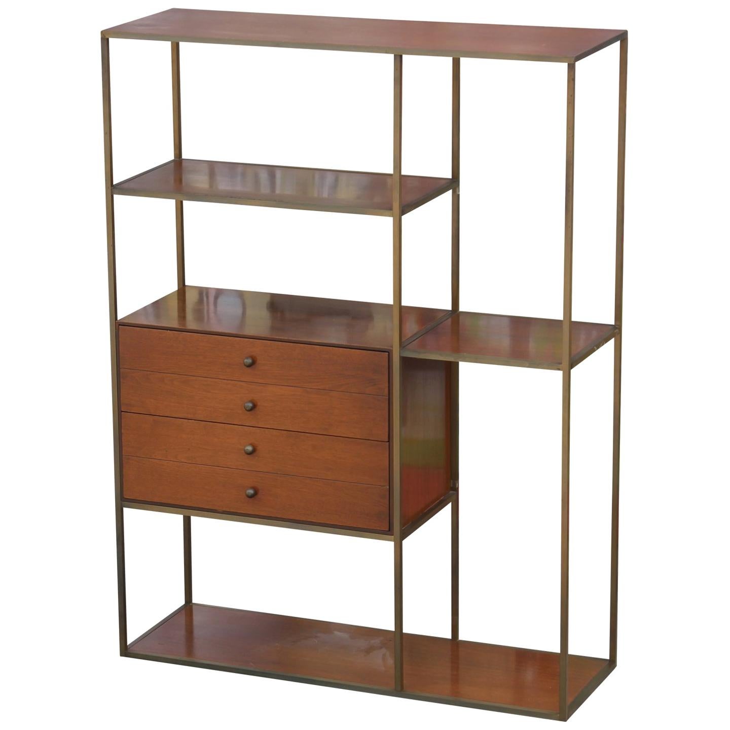 Modern Brass and Walnut Calvin Bookcase/ Room Divider by Paul McCobb