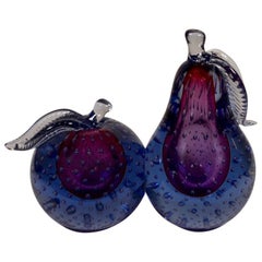 Pair of Apple & Pear Murano Glass Bookends in Violet and Plum by Barbini