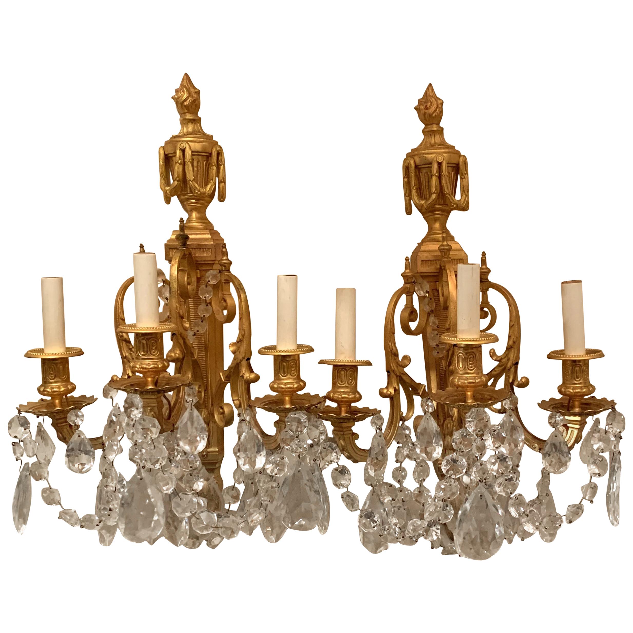 Wonderful French Neoclassical Pair of Doré Bronze Crystal Swag Urn Flame Sconces