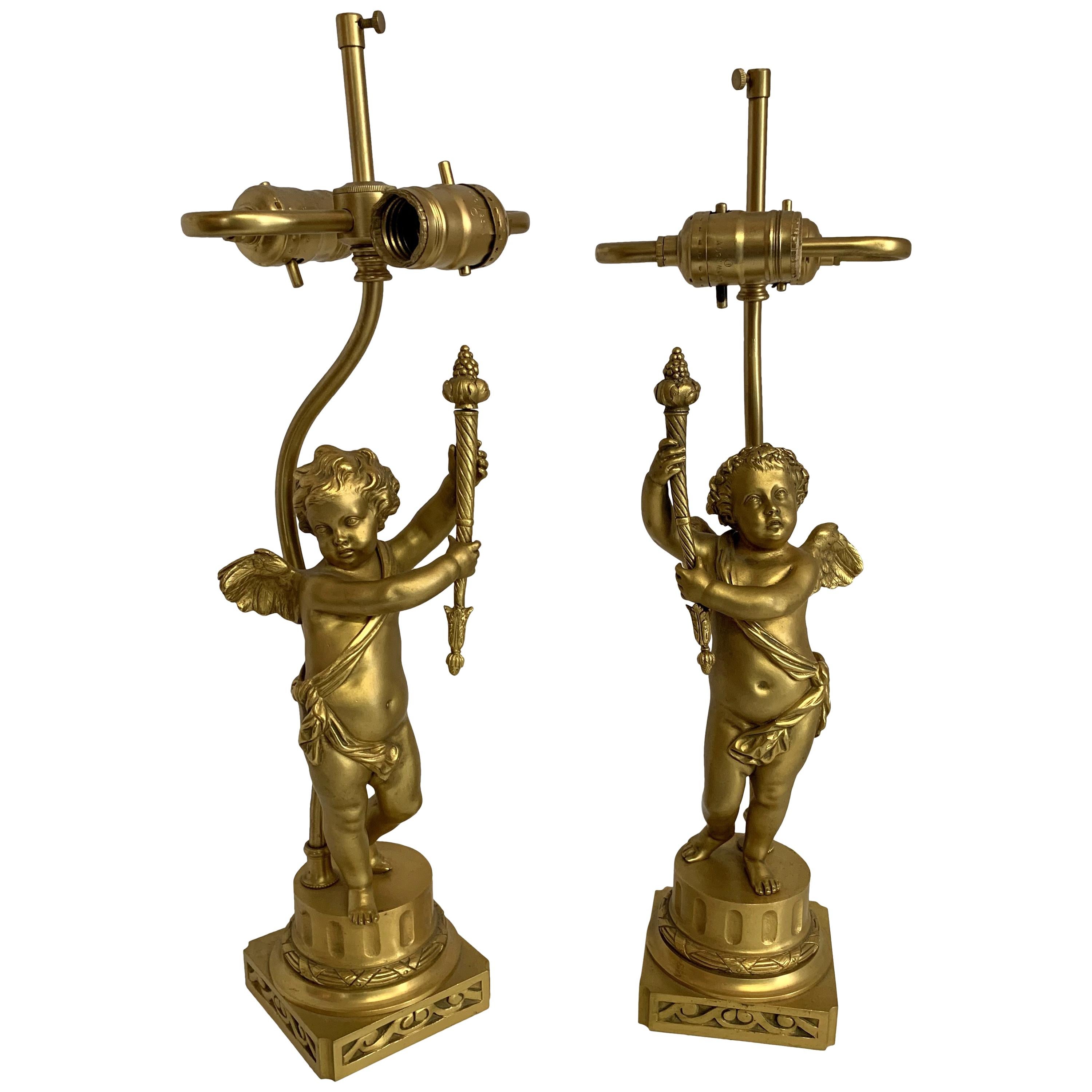 Wonderful Pair of French Dore Bronze Cherub Putti Figural Torch Lamps Sculptures